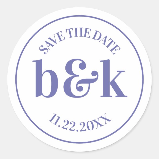 Modern Minimal Monogram Save Date PURPLE Wedding  Classic Round Sticker (Front)