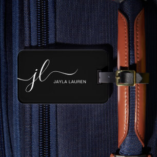 Modern Minimal Monogram Script Black And White Luggage Tag