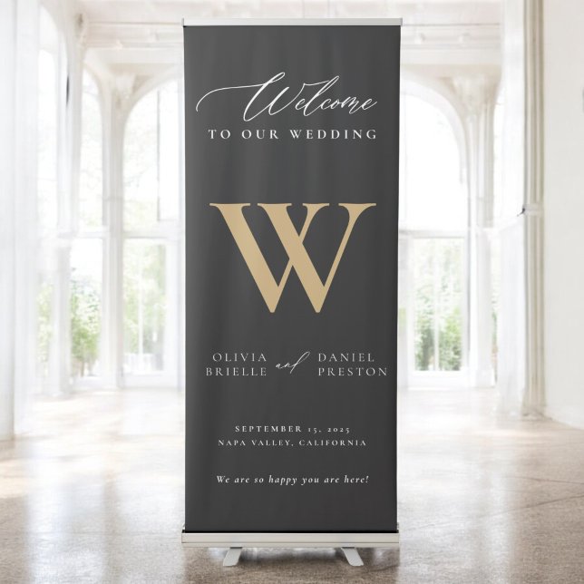 Modern Minimal Monogram Wedding Black Gold Welcome Retractable Banner (Creator Uploaded)