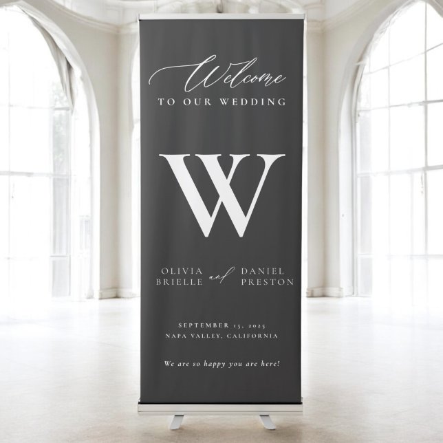 Modern Minimal Monogram Wedding Black Welcome Retractable Banner (Creator Uploaded)
