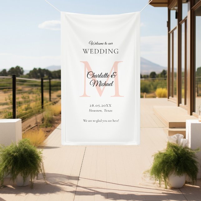 Modern Minimal Monogram Wedding Welcome  Banner (Modern, Minimal, Monogram, Luxury, White-Brown, Wedding Welcome Banner.)