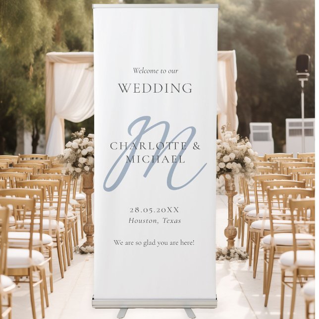Modern Minimal Monogram Wedding Welcome  Retractable Banner (Modern, Minimal, Monogram, Luxury, White, Wedding Welcome Retractable Banner.)