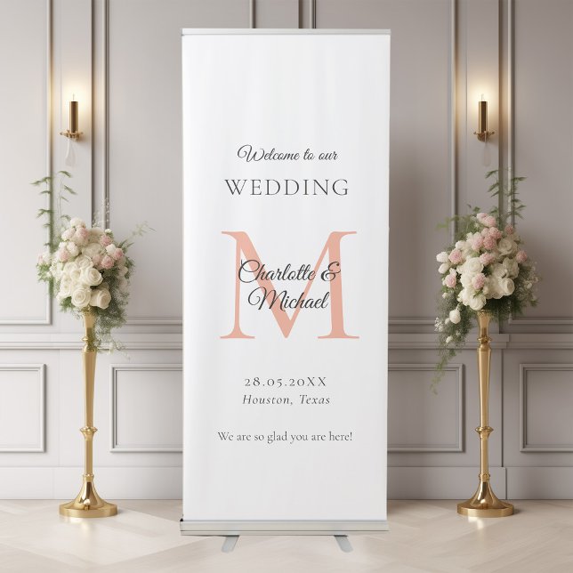 Modern Minimal Monogram Wedding Welcome  Retractable Banner (Modern, Minimal, Monogram, Luxury, White-Peach, Wedding Welcome Retractable Banner.)