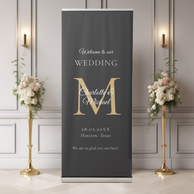 Modern Minimal Monogram Wedding Welcome  Retractable Banner (Modern, Minimal, Monogram, Luxury, Black, Wedding Welcome Retractable Banner.)