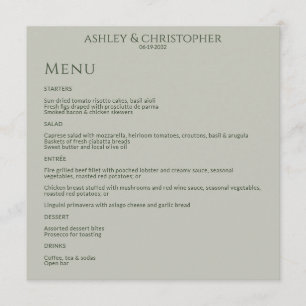 Modern Minimal Moss & Sage Green Wedding Reception Menu