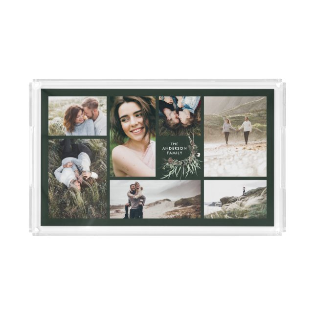 Modern minimal multi photo botanical elegant green acrylic tray (Front)