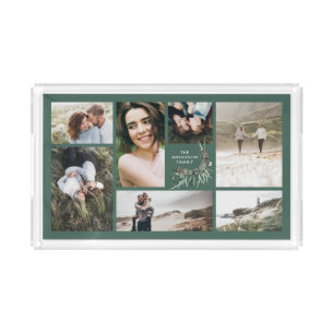 Modern minimal multi photo botanical elegant green acrylic tray