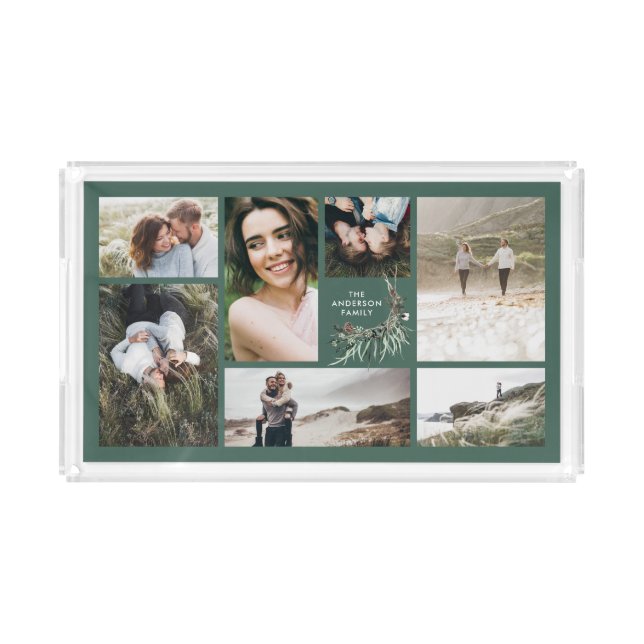 Modern minimal multi photo botanical elegant green acrylic tray (Front)