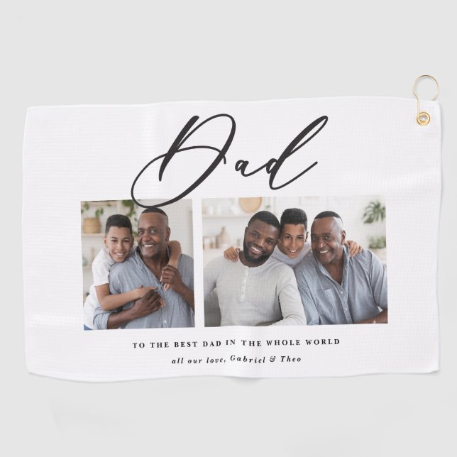 Modern minimal multi photo script dad gift golf towel (Horizontal)