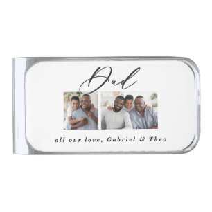 Modern minimal multi photo script dad gift silver finish money clip