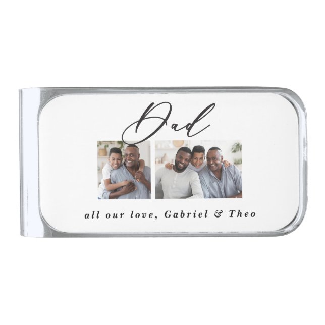 Modern minimal multi photo script dad gift silver finish money clip (Front)