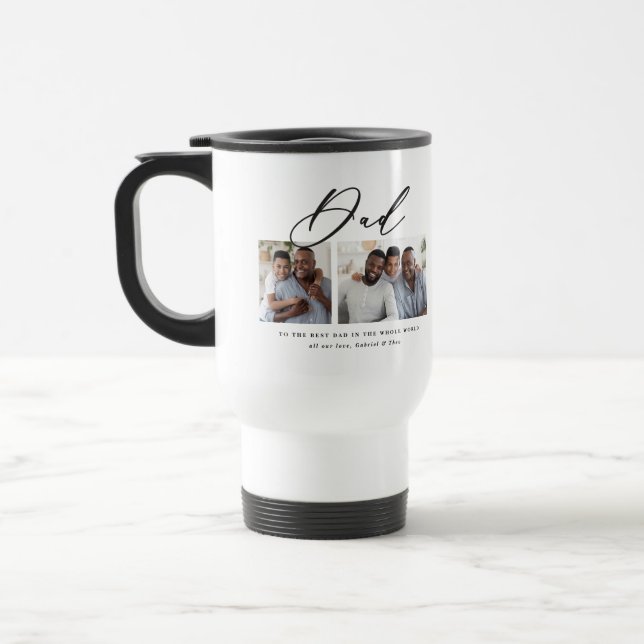 Modern minimal multi photo script dad gift travel mug (Left)
