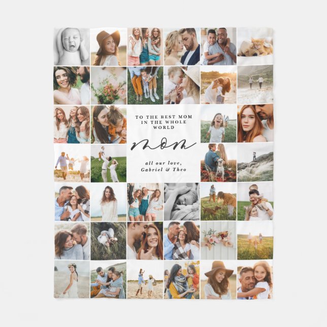 Modern minimal multi photo script mom gift fleece blanket (Front)