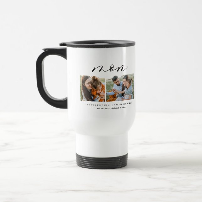 Modern minimal multi photo script mom gift travel mug (Left)