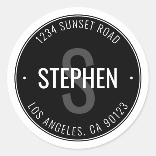 Modern Minimal Name  Address  Black  White Classic Round Sticker