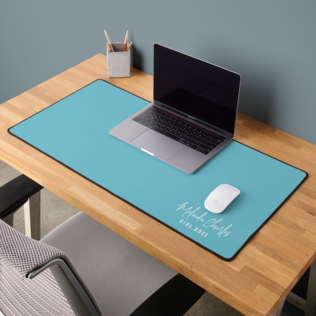 MODERN MINIMAL name design solid turquoise blue Desk Mat (Office 2)