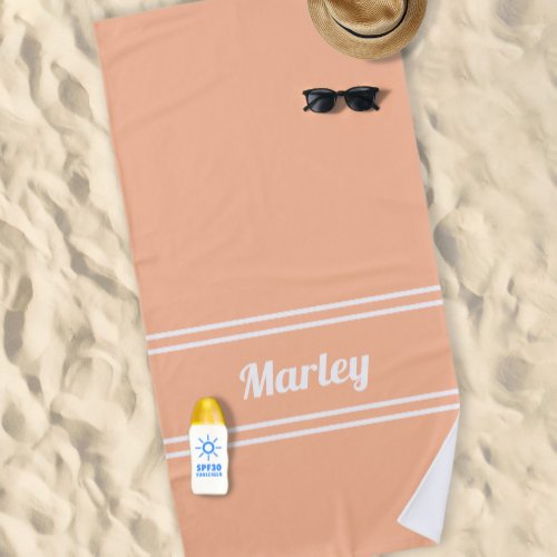 Modern Minimal Name Monogram Script Trendy Peach Beach Towel