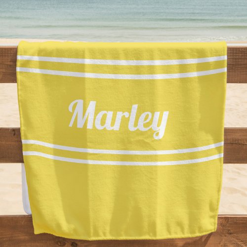 Modern Minimal Name Monogram Script Trendy Yellow Beach Towel