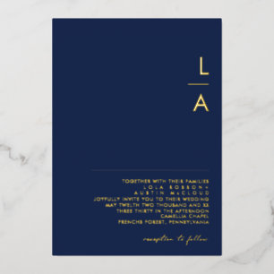 Modern Minimal Navy And Gold Monogram Wedding Real Foil Invitation