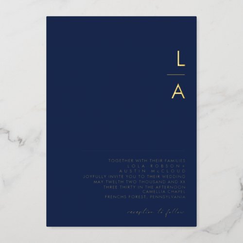 Modern Minimal Navy And Gold Monogram Wedding Real Foil Invitation