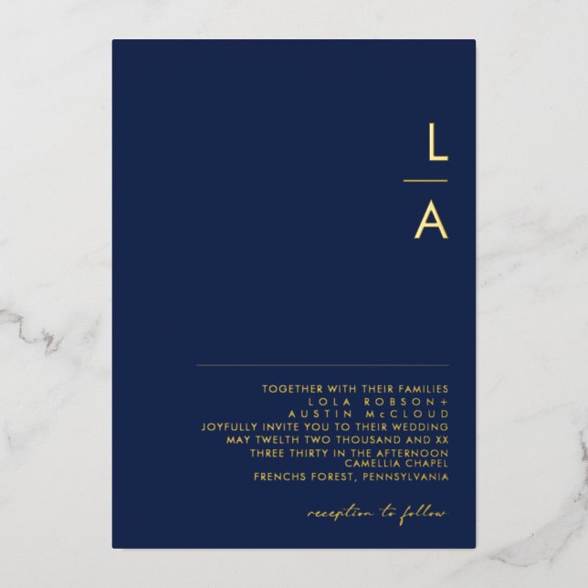 Modern Minimal Navy And Gold Monogram Wedding Real Foil Invitation (Front)