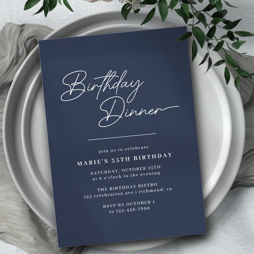 Modern Minimal Navy Blue  Elegant Birthday Dinner Invitation