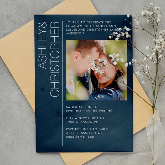 Modern Minimal Navy Blue Engagement Party Photo Invitation (Creator Uploaded)