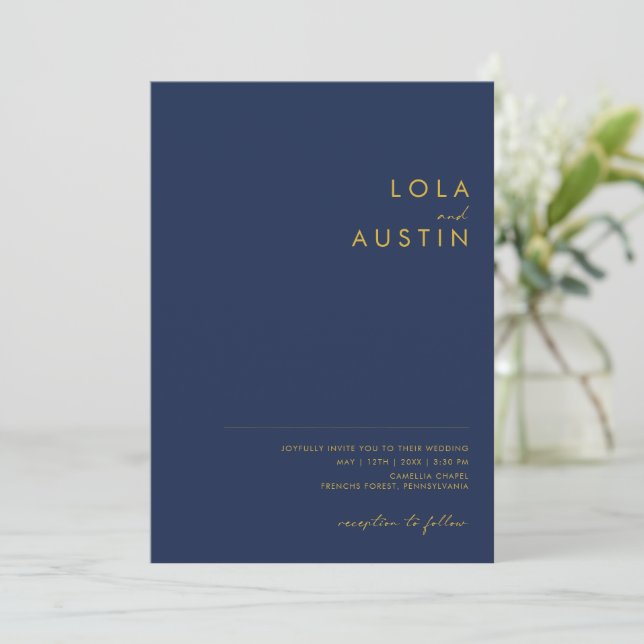 Modern Minimal Navy Blue Gold All In One Wedding Invitation (Standing Front)