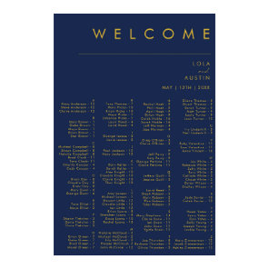 Modern Minimal Navy Blue Gold Alphabetical Seating Poster