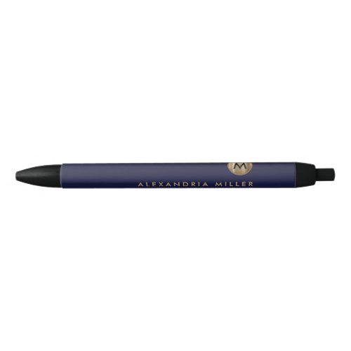 Modern Minimal Navy Blue Gold Monogram Black Ink Pen