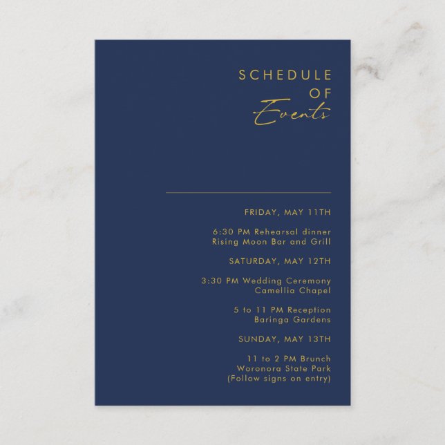 Modern Minimal Navy Blue Gold Schedule of Events Enclosure Card (Front)