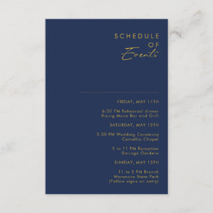 Modern Minimal Navy Blue Gold Schedule of Events Enclosure Card