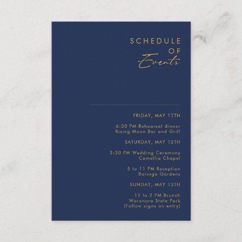 Modern Minimal Navy Blue Gold Schedule of Events Enclosure Card