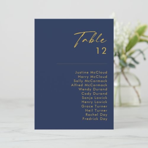 Modern Minimal Navy Blue Gold Table Number Chart