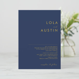 Modern Minimal Navy Blue Gold Traditional Wedding Invitation