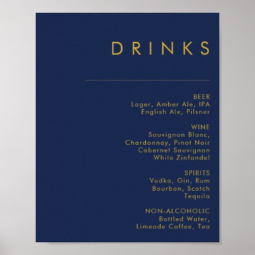 Modern Minimal Navy Blue Gold Wedding Drinks Menu Poster