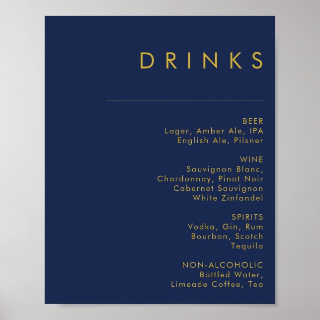 Modern Minimal Navy Blue Gold Wedding Drinks Menu Poster (Front)