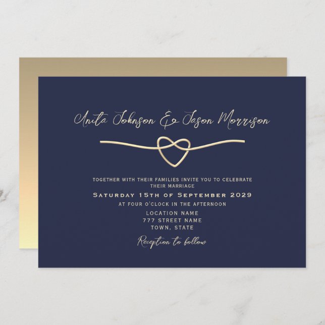 Modern Minimal Navy Blue Gold Wedding Invitation (Front/Back)