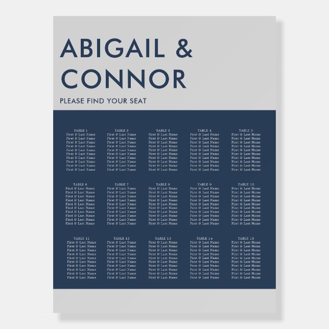 Modern Minimal Navy Blue Gray Seating Chart Foam Board (Front)
