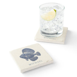 Modern Minimal Navy Blue Nautical Fish Custom Name Stone Coaster