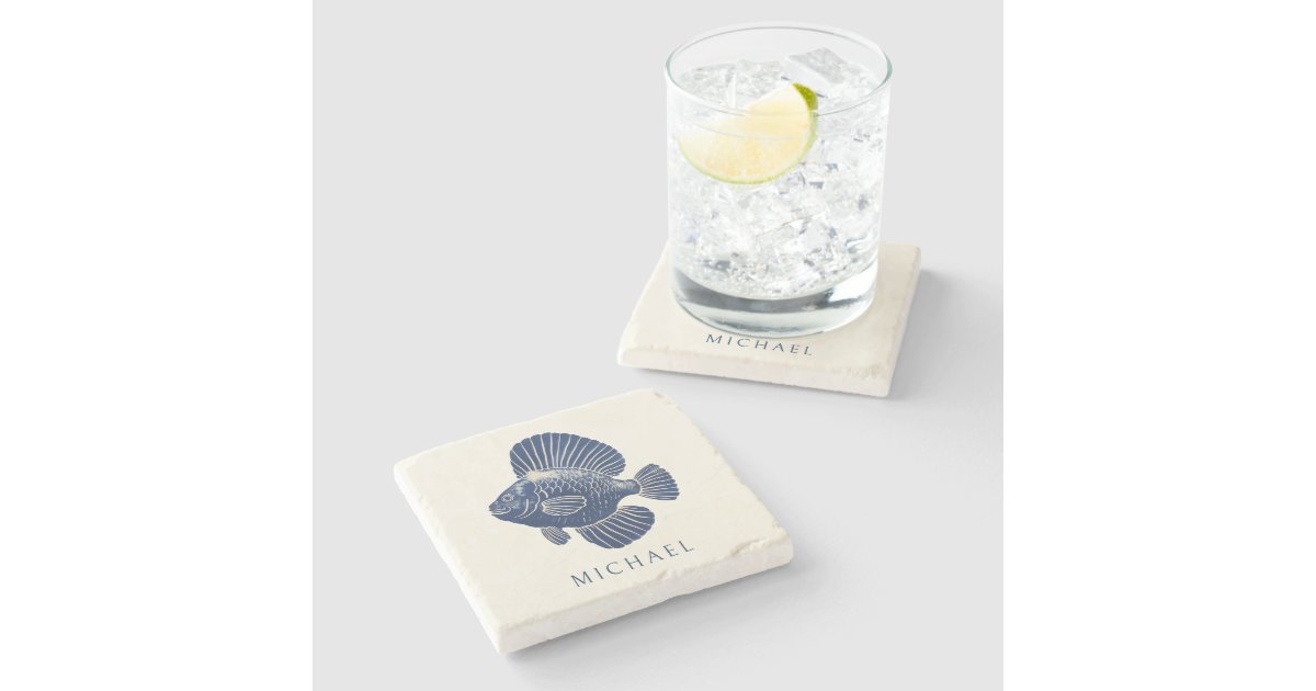 Curated visual reference: Visual Reference: Modern Minimal Navy Blue Nautical Fish Custom Name Stone Coaster