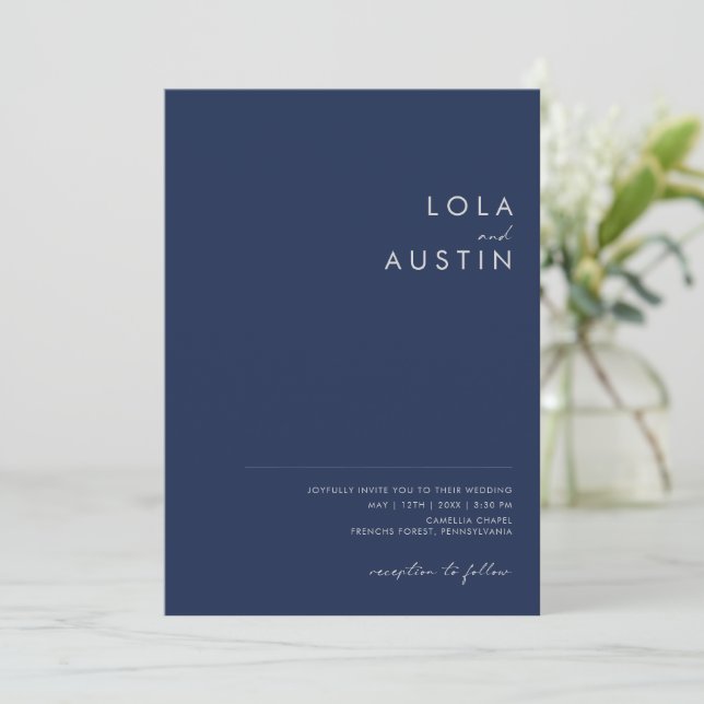 Modern Minimal Navy Blue Silver All In One Wedding Invitation (Standing Front)