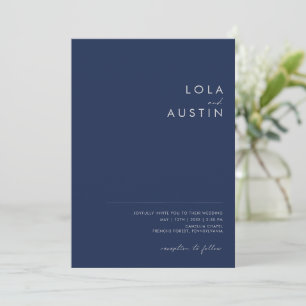 Modern Minimal Navy Blue Silver All In One Wedding Invitation