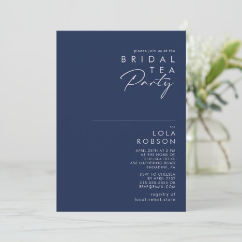 Modern Minimal Navy Blue Silver Bridal Tea Party Invitation