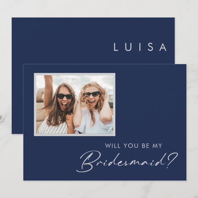 Modern Minimal Navy Blue Silver Photo Bridesmaid Invitation (Front/Back)