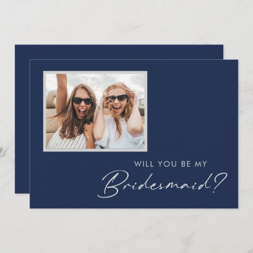 Modern Minimal Navy Blue Silver Photo Bridesmaid Invitation