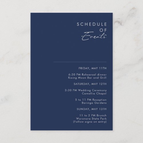 Modern Minimal Navy Blue Silver Schedule of Events Enclosure Card