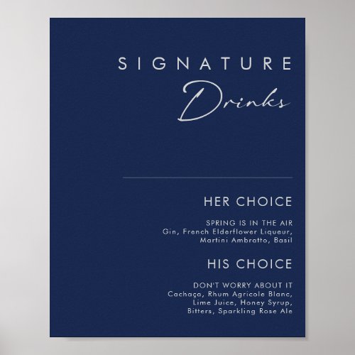 Modern Minimal Navy Blue Silver Signature Drinks Poster