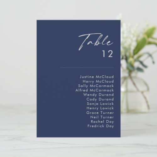 Modern Minimal Navy Blue Silver Table Number Chart
