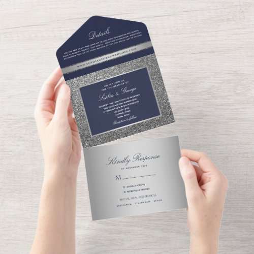 Modern Minimal Navy Blue Silver Wedding All In One Invitation